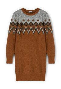 Sweter sukienka w kolorze brązowym z szarym, wzorzystym karczkiem, na którym znajdują się romby w kolorze czarnym i białym. Długie, bufiaste rękawy oraz ściągacz na dole.