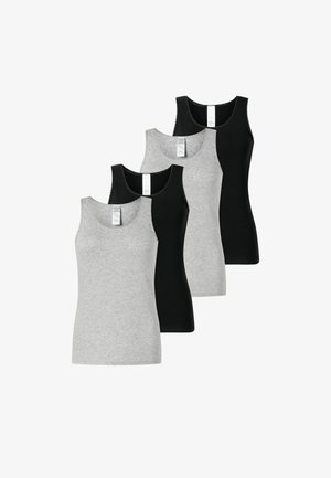 Quatre débardeurs alignés : deux gris (clair et foncé) et deux noirs. Fabriqués en tissu doux avec des encolures rondes et sans motifs.