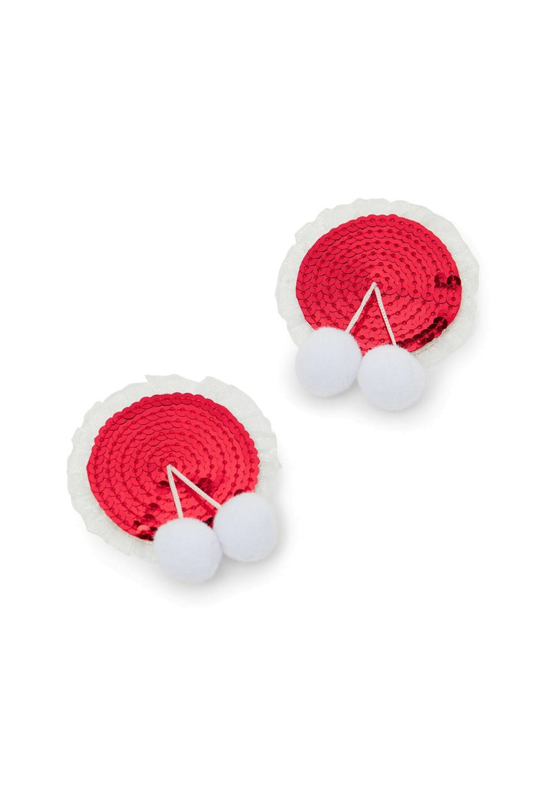 Červené flitrové kruhové náušnice s bílými bambulkami a vlnitým okrajem. Mají lesklý povrch a slavnostní design.