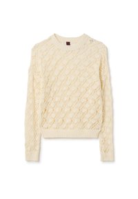 Suéter de punto en color crema con un patrón de diamantes texturizado, cuello redondo y puños acanalados. Tiene un diseño ligeramente corto.