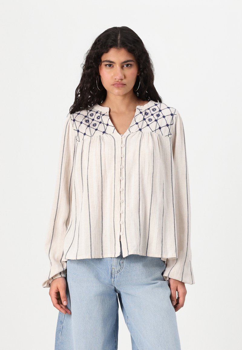Light beige button-up blouse with vertical blue stripes. Features embroidered geometric design on shoulders, long sleeves, and soft texture.