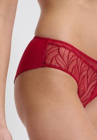 Rotes Spitzen-Bikini mit transparenten Mesh-Details, verziert mit einem floralen Muster an den Seiten, weichem Stoff und einem tief sitzenden Bund.