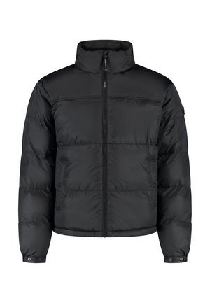 Black puffer jacket with a high collar, horizontal quilted design, front zipper, and snap cuffs. Made of smooth, water-resistant material.
