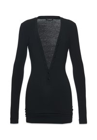 Czarna bluzka z długim rękawem, z głębokim dekoltem w kształcie V, z zapięciem na guziki z przodu i dopasowanym krojem, wykonana z miękkiego, elastycznego materiału o subtelnej fakturze.