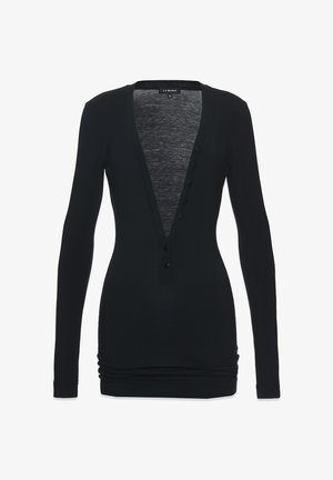 Czarna bluzka z długim rękawem, z głębokim dekoltem w kształcie V, z zapięciem na guziki z przodu i dopasowanym krojem, wykonana z miękkiego, elastycznego materiału o subtelnej fakturze.