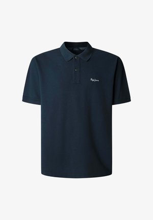 Marineblauw poloshirt met korte mouwen, voorzien van een tweeknopsbies en een klein wit "Pepe Jeans" logo op de linkerborst.