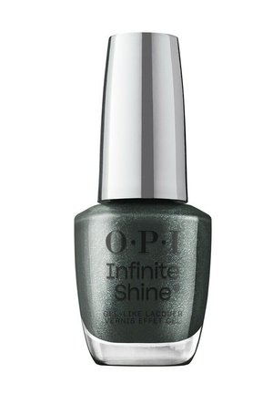 Flacon de vernis à ongles OPI Infinite Shine avec une teinte argent foncé scintillante et un bouchon argenté métallique, texte inscrit sur le devant.