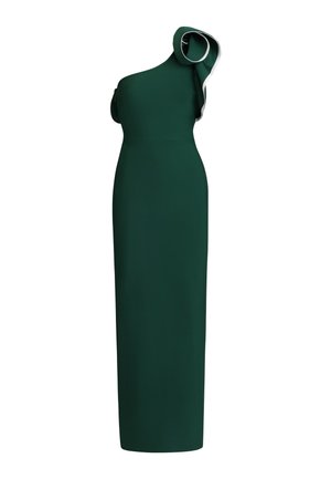 Vestito lungo verde scuro con una spalla scoperta, manica arricciata bordata di bianco, silhouette aderente e orlo dritto.