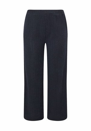 Dark blue wide-leg pants made of textured fabric with a subtle vertical stripe pattern. Elastic waistband for comfort. No additional accents.