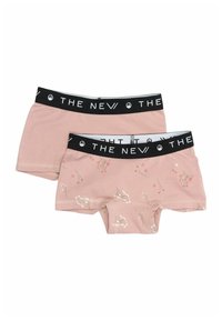 Sada dvoch ružových boxerkových nohavíc s čiernym elastickým pásom, na ktorom je nápis "THE NEW"; jedna je jednofarebná a druhá má kvetinový vzor.