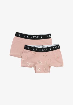 Set od dva ružičasta bokserice s crnim elastičnim pojasom s natpisom "THE NEW"; jedan potpuno ružičast, a drugi s cvjetnim uzorkom.