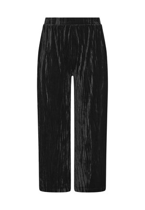 Schwarze weit geschnittene Hose aus einem gekräuselten Material mit einem elastischen Bund und einem knielangen Schnitt. Hergestellt aus einem weichen, leichten Stoff.