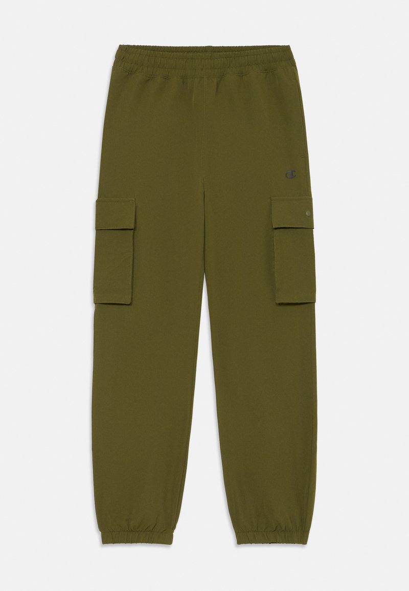 Pantalons cargo vert olive avec une taille élastique, chevilles resserrées, deux poches latérales et un détail de logo léger sur le devant.