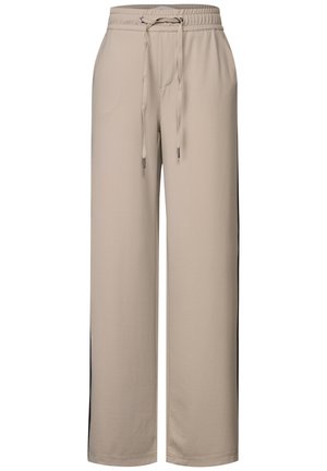 Pantalons de survêtement beiges avec une taille élastique, un cordon de serrage ajustable, des poches latérales et des panneaux latéraux noirs contrastants. Matériau doux et léger.