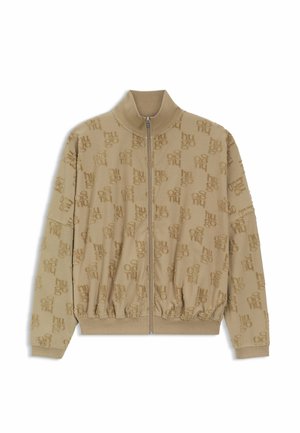 Beige jakke med lynlås, tekstureret gentaget "hugo" logo mønster, elastiske manchetter og kant samt en opretstående krave.