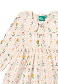 Blumenkleid aus leichtem Stoff, in der Farbe Creme mit einem Karomuster, mit einem Peter-Pan-Kragen und Knopfdetails an der Vorderseite.