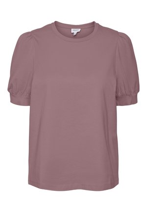 Fliederfarbene Bluse mit kurzen Ärmeln, Puffärmeln, rundem Ausschnitt und taillierten Manschetten, hergestellt aus glattem Stoff.