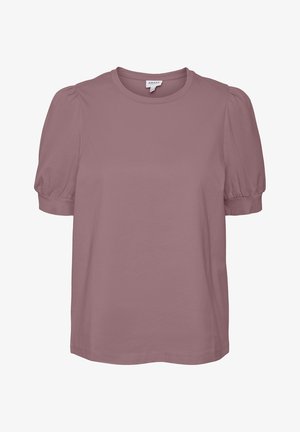 Fioletowa bluzka z krótkim rękawem z bufkami, z okrągłym dekoltem i dopasowanymi mankietami, wykonana z gładkiej tkaniny.