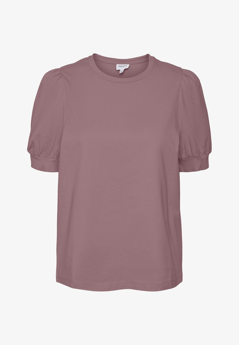 Blouse mauve à manches courtes gonflées, col rond et poignets ajustés, en tissu lisse.