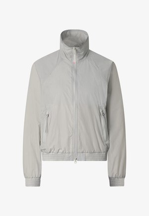 Light gray zip-up jacket with high collar, elastic cuffs and hem, and two front zippered pockets.