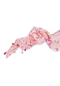 Sciarpa leggera con un design a motivi di foglie in rosa e arancione, con frange su entrambe le estremità, realizzata in tessuto morbido e traspirante.