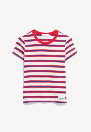 T-shirt côtelé à manches courtes avec des rayures horizontales rouges et bleues sur fond blanc, doté d'un col rond rouge et d'une petite étiquette "ARMEDANGELS".