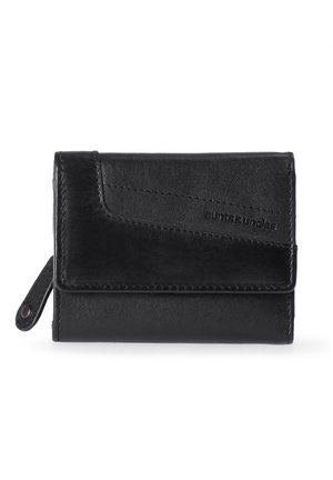 Black leather wallet with a textured surface, featuring a flap closure, contrasting stitching, and a small zipper pocket on the side.
