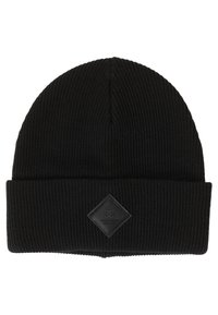 Black knitted beanie with ribbed texture, featuring a folded cuff and a diamond-shaped black leather logo patch on the front.