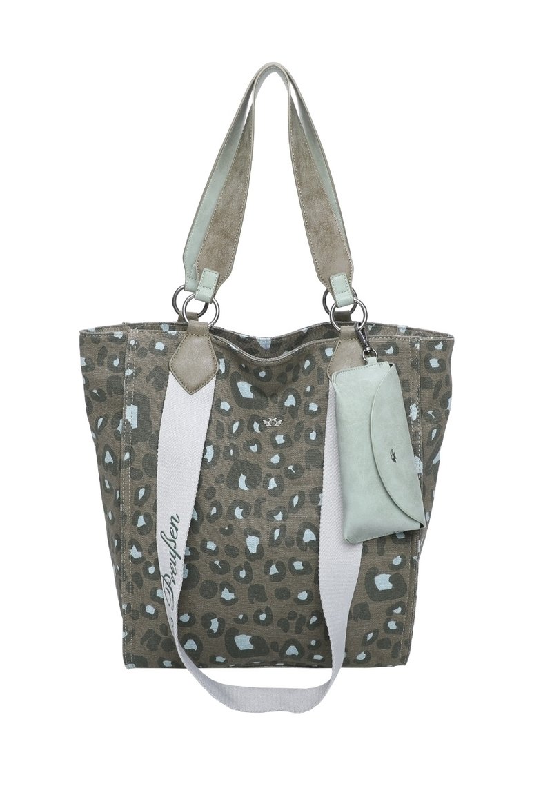 Tote bag met luipaardmotief in aardetinten, gekenmerkt door zachte stof, bi-kleurige banden, zilveren hardware en een afneembare bijpassende pouch.