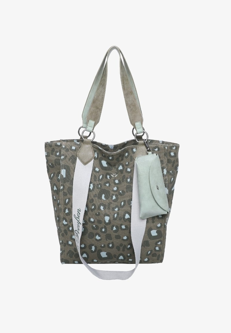 Tote bag met luipaardmotief in aardetinten, gekenmerkt door zachte stof, bi-kleurige banden, zilveren hardware en een afneembare bijpassende pouch.
