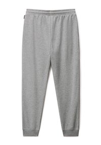 Graue Sweatpants aus weichem Stoff, mit einem elastischen Bund, schmal zulaufenden Beinen und gerippten Bündchen an den Knöcheln. Keine Muster oder zusätzlichen Details.