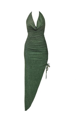 Πράσινο φόρεμα με λουρί στο λαιμό από ελαστικό, λαμπερό υλικό. Διαθέτει πτυχωτές λεπτομέρειες και ασύμμετρο τελείωμα με δετή διακόσμηση στο πλάι.