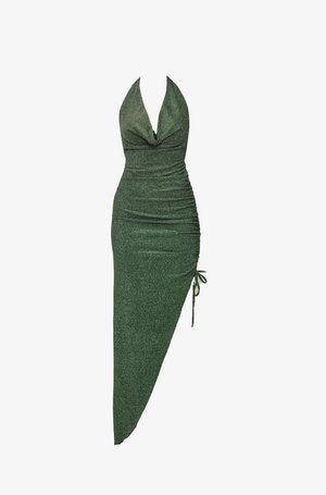 Groene halterjurk gemaakt van rekbare, glanzende stof. Heeft geplooide details en een asymmetrische zoom met een zijstrikaccent.