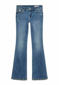 Modre flare jeans iz srednje pranje denima s petimi žepi, kovinsko strojno opremo in rahlim zbledelimi nogami.