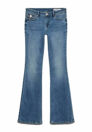 Raskošne plave traperice u srednjem pranju denim s pet džepova, metalnim dodacima i suptilnim izbljeđenjem na nogavicama.