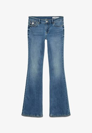 Modre flare jeans iz srednje pranje denima s petimi žepi, kovinsko strojno opremo in rahlim zbledelimi nogami.