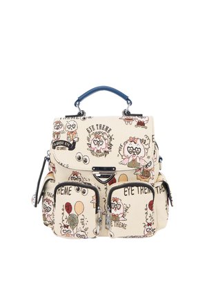 Zaino beige con manico blu con gufi disegnati, cuori, palloncini e testo "EYE THEME" e più tasche frontali con cerniera.