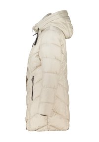 Lichtbeige pufferjas met een capuchon, met een diagonaal gestikt patroon, ritssluitingen in de zakken en een verstelbare trekkoord op de capuchon.