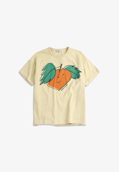 Hellbeiges T-Shirt mit kurzen Ärmeln, auf der Vorderseite bedruckt mit einer Grafik eines lächelnden Orangenfruchts und zwei großen grünen Blättern.