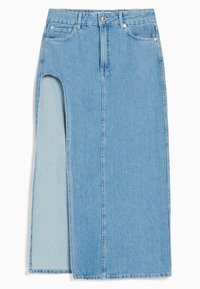 Denimkjol i ljusblått med rak design, med en sidokärning. Tillverkad av bomull, har den en mjuk textur och traditionell sömnad.