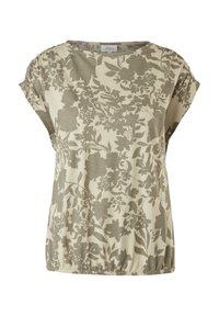 Krótki rękaw top w jasnym beżu w kwiaty z zielonymi akcentami, charakteryzujący się luźnym krojem i elastycznym dołem. Teksturowany materiał.