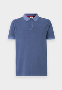 Blue polo shirt made of cotton with short sleeves, a collar, and two buttons. Features a subtle logo on the chest and contrasting trim.