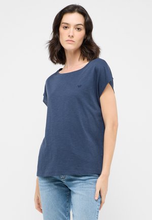 Navy blue short-sleeve T-shirt with a round neckline and subtle logo detail. Soft fabric with a relaxed fit and slightly textured surface.