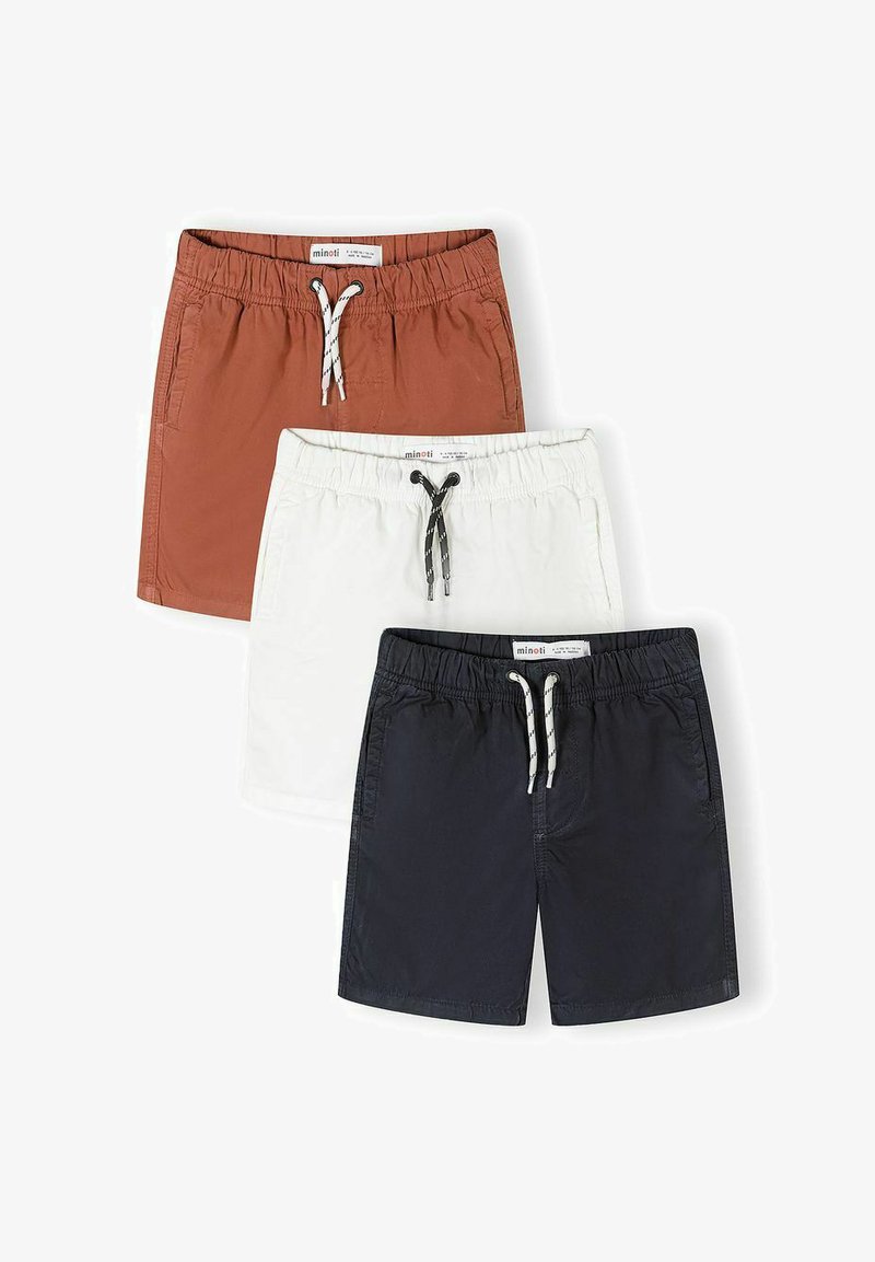 Trois paires de shorts à taille élastique avec cordons de serrage en rouille, blanc et marine, présentées empilées sur un fond blanc.