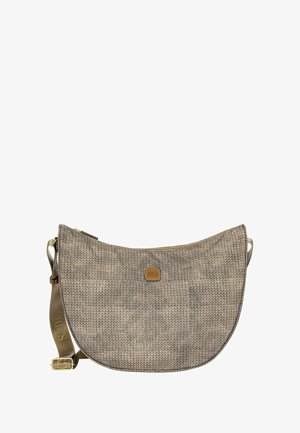 Borsa a tracolla in tessuto marrone e beige con tracolla regolabile e chiusura a cerniera superiore, marchiata con una piccola targhetta in pelle.