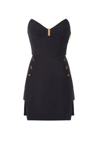 Mini abito nero senza spalline con scollatura a cuore, chiusura centrale dorata e due file di bottoni decorativi dorati sulla gonna.