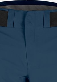 Marineblaue Hose mit glatter Textur, breitem schwarzen Bund, zwei vorderen Knöpfen und maßgeschneiderten Falten für ein strukturiertes Design.