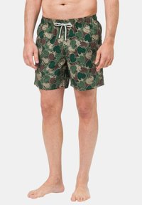 Pantaloni da bagno da uomo in un tessuto leggero e ad asciugatura rapida; presenta un motivo astratto nei colori verde, marrone e beige con vita elastica e cordoncino.