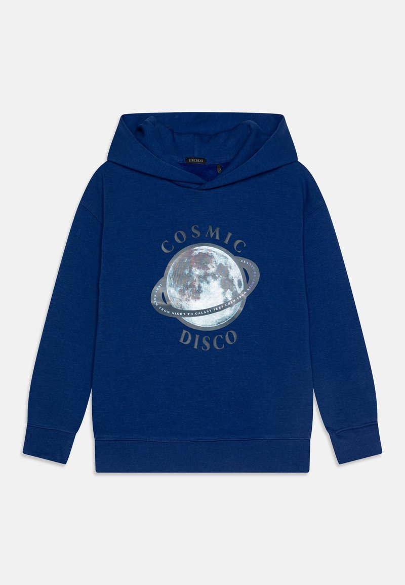 Sudadera azul con un gráfico de un planeta y una luna, y el texto "COSMIC DISCO". Confeccionada en una tela suave, de corte relajado y con un bolsillo frontal.