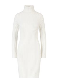 Vit ribbad kjol med hög krage, långa ärmar och en figurformande silhuett, som visar en texturerad, stretchig tyg.